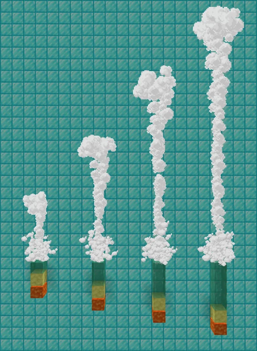 Four Minecraft geysers erupting with plumes of increasing height based on the water column above each.