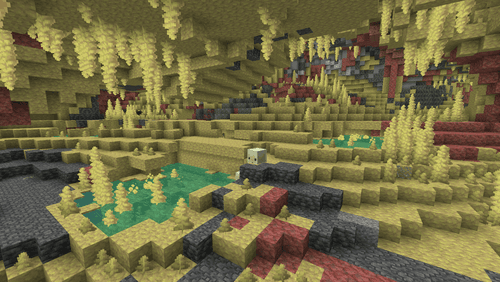 The Sulfur Caves biome in Minecraft, with bands of yellow sulfur and red cinnabar.